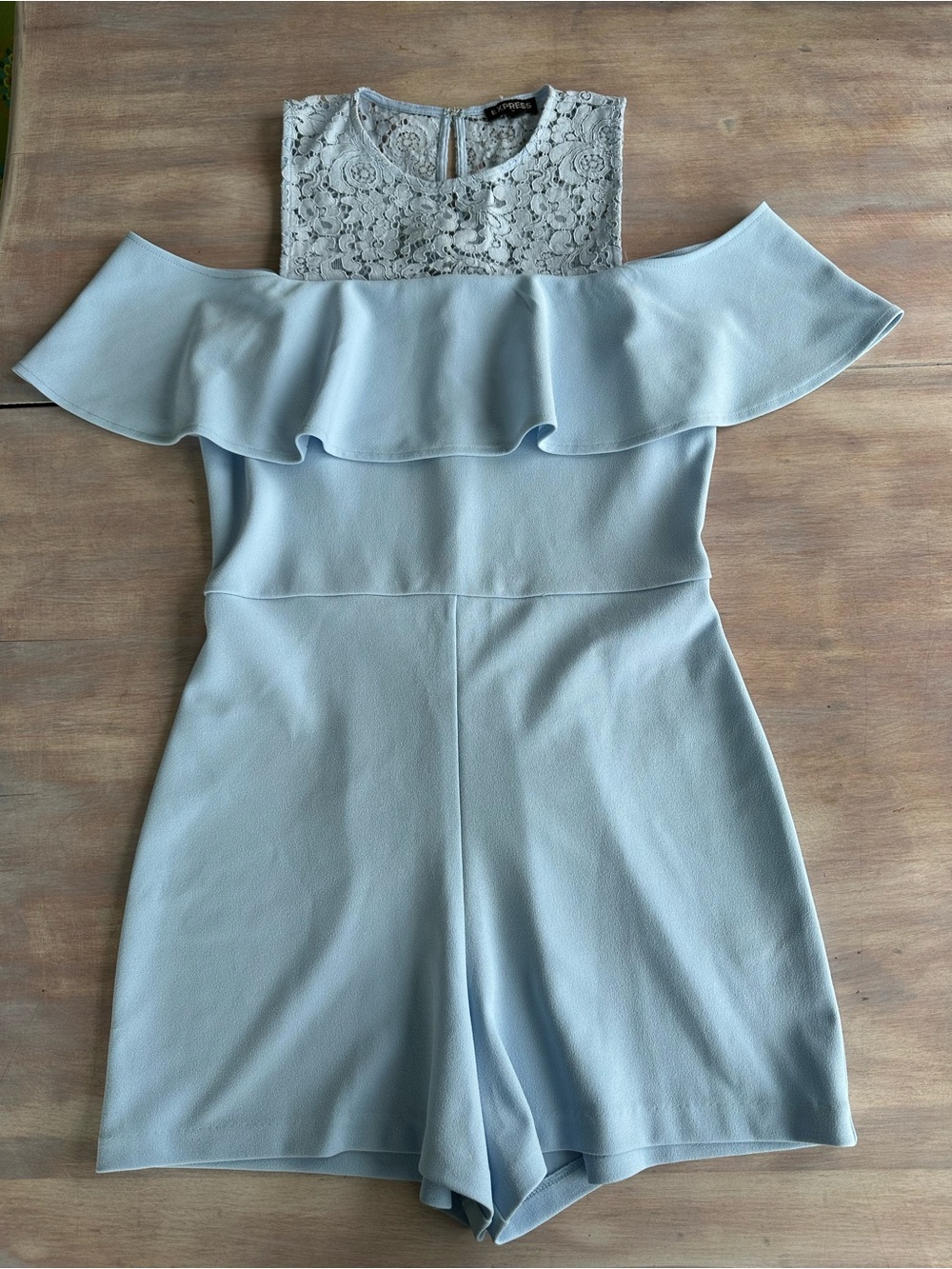 Express Light Blue off the shoulder lace romper  size 6